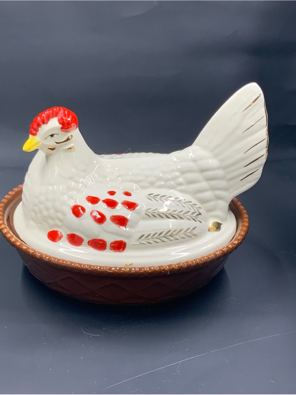 Ceramic White vintage  Covered Dish with Red Accents
